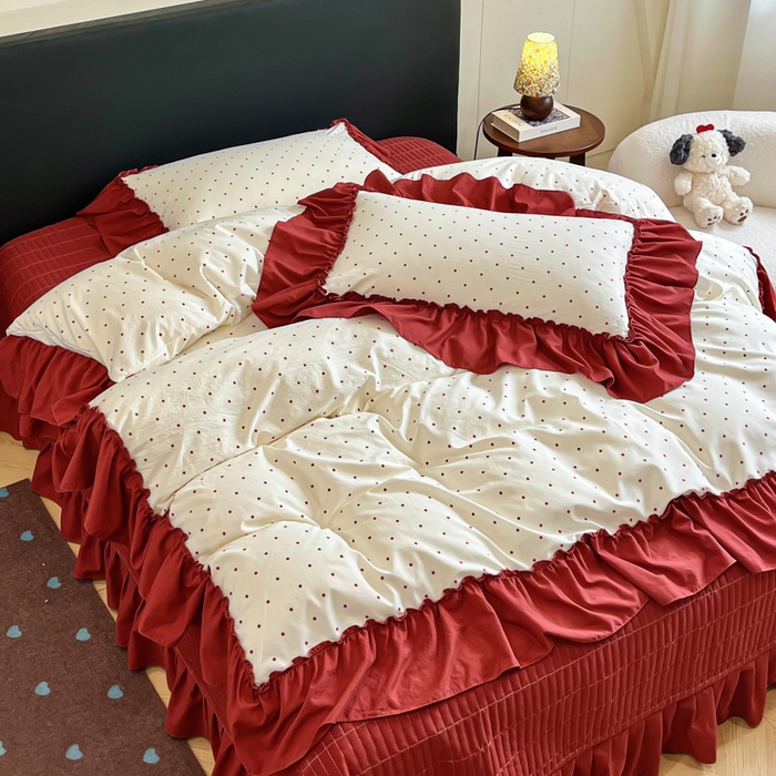 91家纺网 家纺一手货源 找家纺 尚美 2026新款法式复古大花边仿棉床盖四件套 红波点