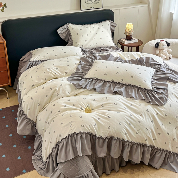 91家纺网 家纺一手货源 找家纺 尚美 2026新款法式复古大花边仿棉床盖四件套 蝴蝶结