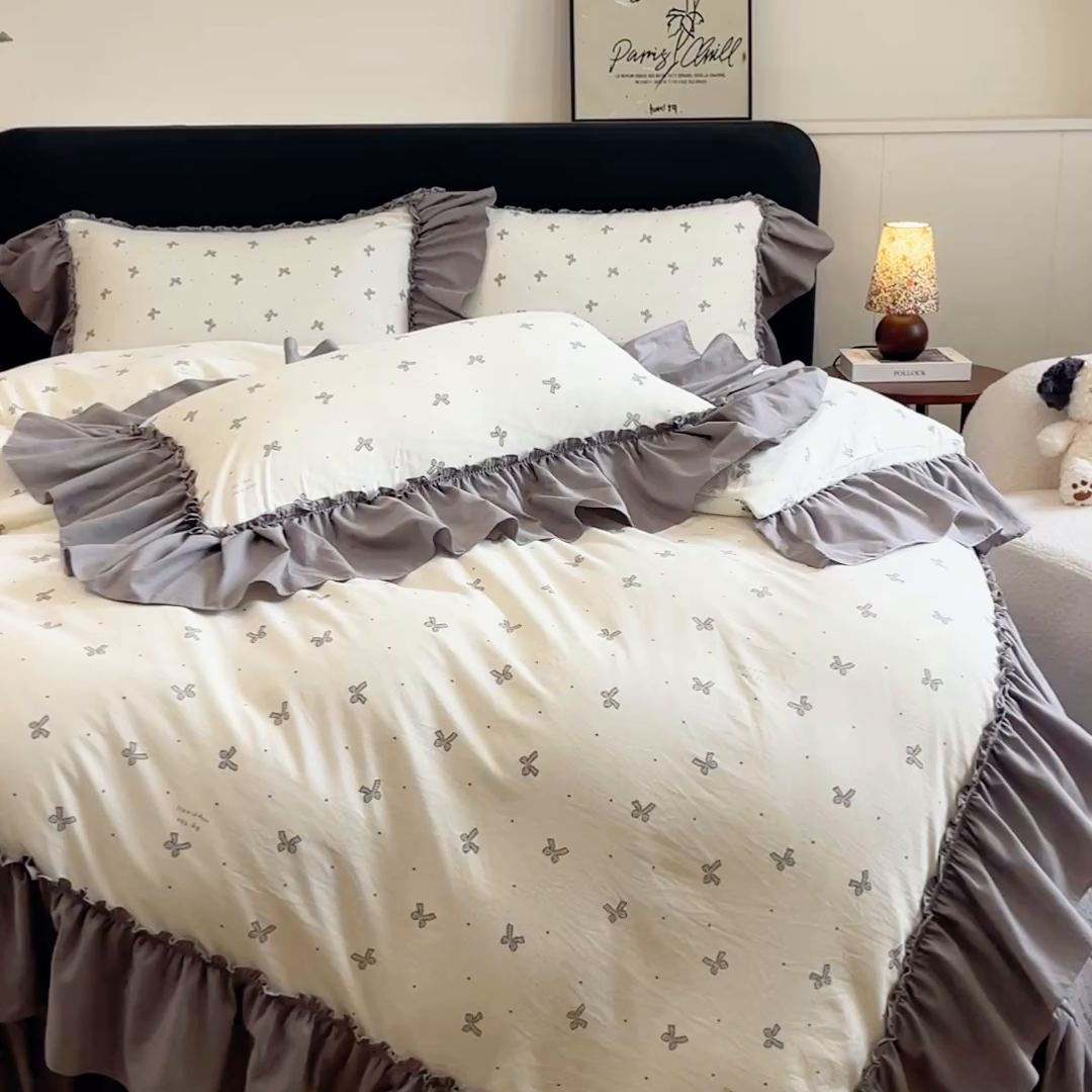 91家纺网 家纺一手货源 找家纺 尚美 2026新款法式复古大花边仿棉床盖四件套 蝴蝶结