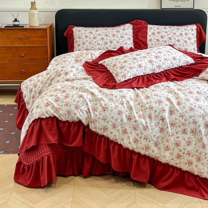 91家纺网 家纺一手货源 找家纺 尚美 2026新款法式复古大花边仿棉床盖四件套 梨花洛