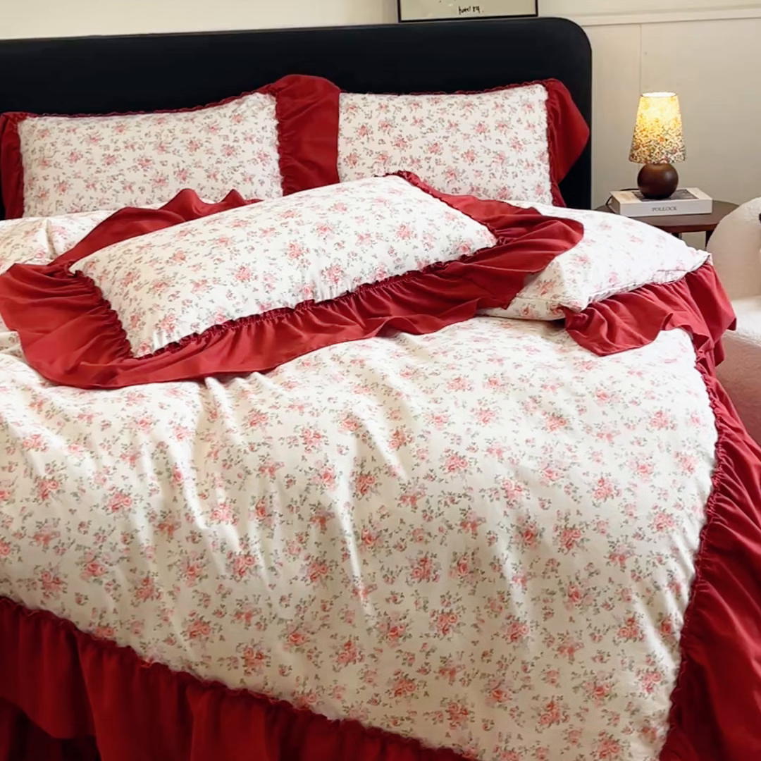 91家纺网 家纺一手货源 找家纺 尚美 2026新款法式复古大花边仿棉床盖四件套 梨花洛