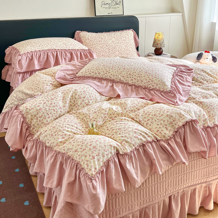 91家纺网 家纺一手货源 找家纺 尚美 2026新款法式复古大花边仿棉床盖四件套 满园春色