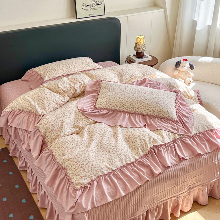 91家纺网 家纺一手货源 找家纺 尚美 2026新款法式复古大花边仿棉床盖四件套 满园春色