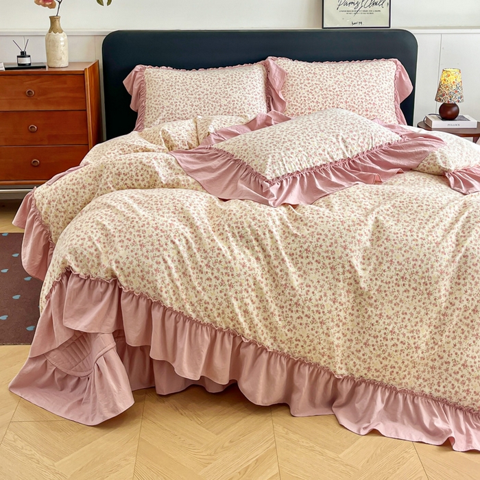 91家纺网 家纺一手货源 找家纺 尚美 2026新款法式复古大花边仿棉床盖四件套 满园春色