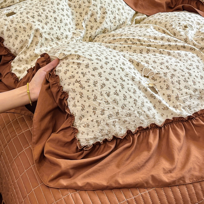 91家纺网 家纺一手货源 找家纺 尚美 2026新款法式复古大花边仿棉床盖四件套 萌萌兔