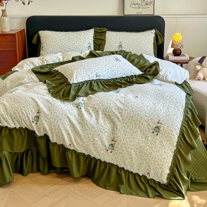 尚美 2026新款法式复古大花边仿棉床盖四件套 萌萌兔绿
