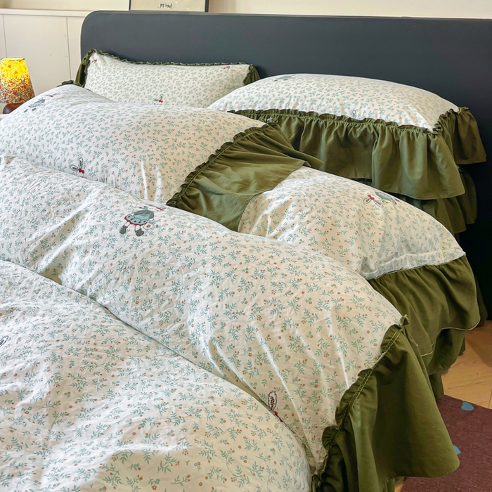 91家纺网 家纺一手货源 找家纺 尚美 2026新款法式复古大花边仿棉床盖四件套 萌萌兔绿