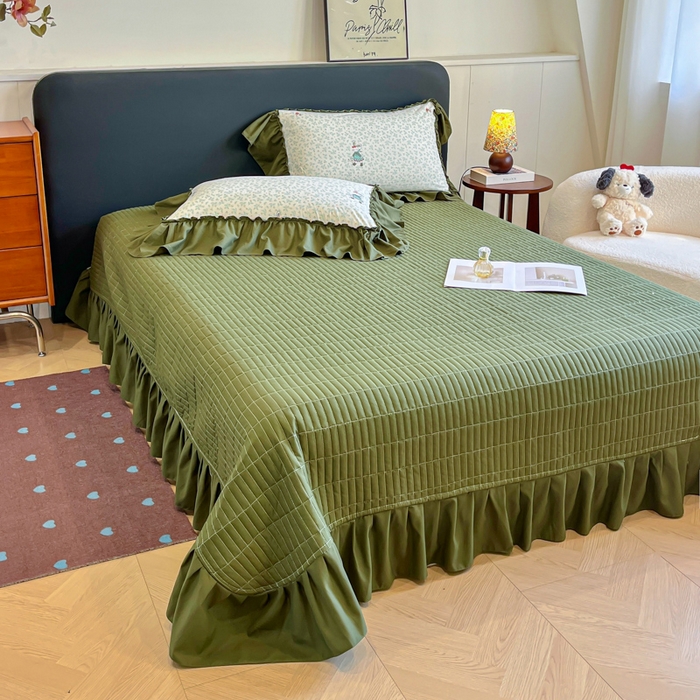 91家纺网 家纺一手货源 找家纺 尚美 2026新款法式复古大花边仿棉床盖四件套 萌萌兔绿