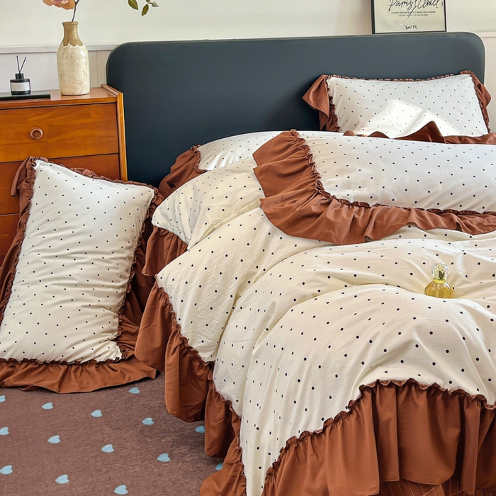 91家纺网 家纺一手货源 找家纺 尚美 2026新款法式复古大花边仿棉床盖四件套 米波点