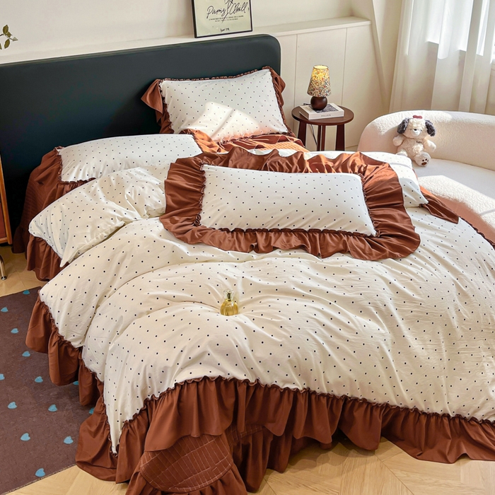 91家纺网 家纺一手货源 找家纺 尚美 2026新款法式复古大花边仿棉床盖四件套 米波点