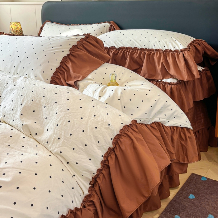 91家纺网 家纺一手货源 找家纺 尚美 2026新款法式复古大花边仿棉床盖四件套 米波点