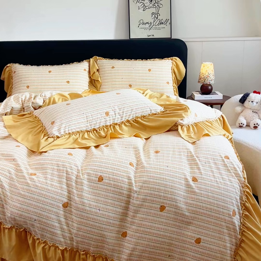 91家纺网 家纺一手货源 找家纺 尚美 2026新款法式复古大花边仿棉床盖四件套 南瓜
