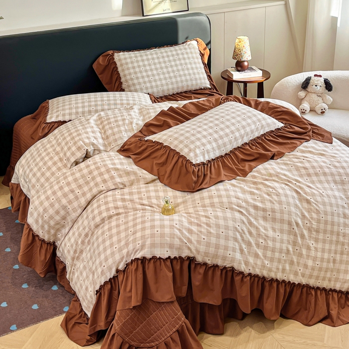 91家纺网 家纺一手货源 找家纺 尚美 2026新款法式复古大花边仿棉床盖四件套 甜心格