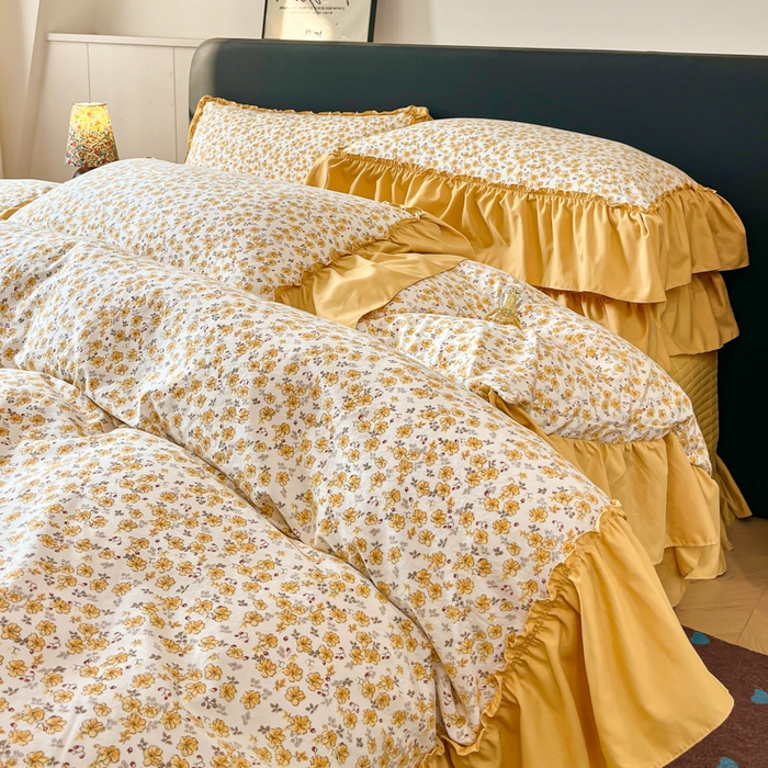 91家纺网 家纺一手货源 找家纺 尚美 2026新款法式复古大花边仿棉床盖四件套 小黄花儿