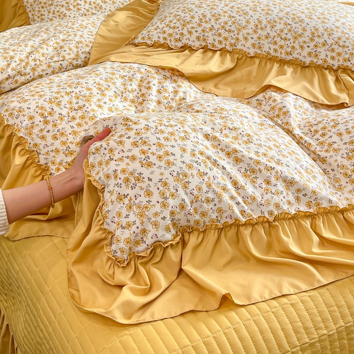 91家纺网 家纺一手货源 找家纺 尚美 2026新款法式复古大花边仿棉床盖四件套 小黄花儿