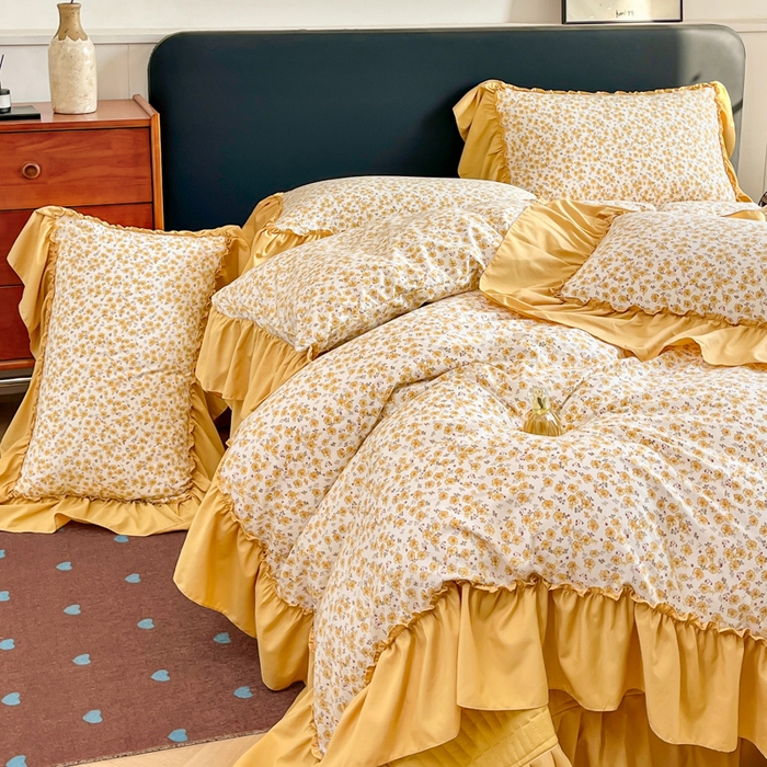 91家纺网 家纺一手货源 找家纺 尚美 2026新款法式复古大花边仿棉床盖四件套 小黄花儿