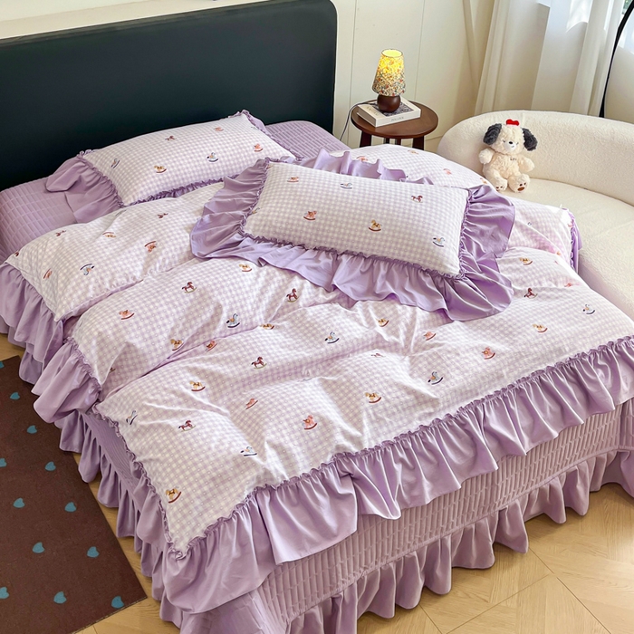 91家纺网 家纺一手货源 找家纺 尚美 2026新款法式复古大花边仿棉床盖四件套 小木马