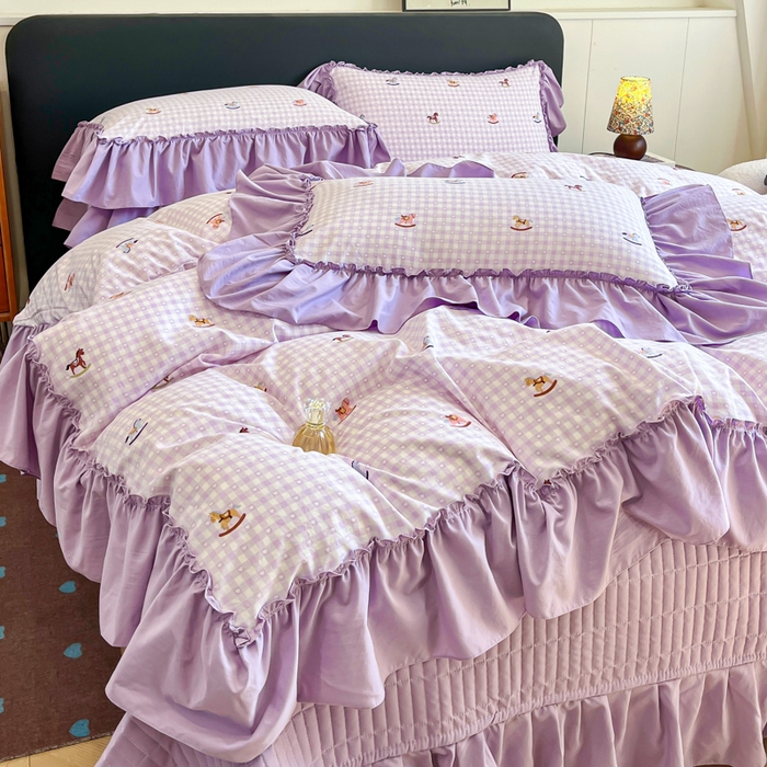 91家纺网 家纺一手货源 找家纺 尚美 2026新款法式复古大花边仿棉床盖四件套 小木马