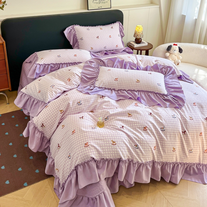 91家纺网 家纺一手货源 找家纺 尚美 2026新款法式复古大花边仿棉床盖四件套 小木马