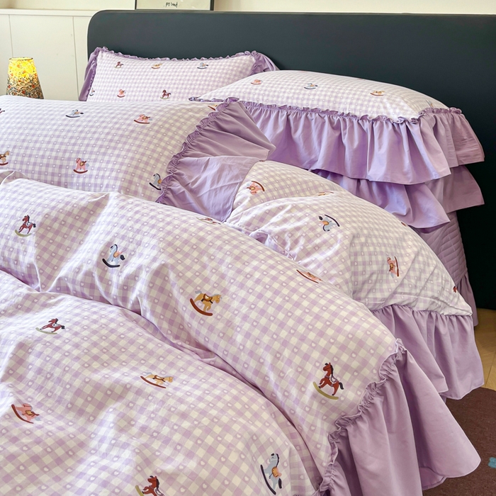 91家纺网 家纺一手货源 找家纺 尚美 2026新款法式复古大花边仿棉床盖四件套 小木马