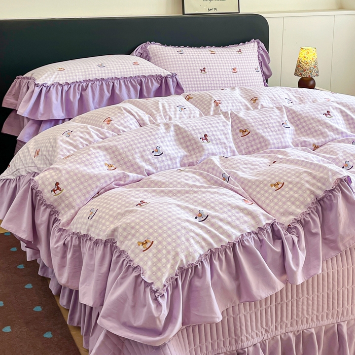 91家纺网 家纺一手货源 找家纺 尚美 2026新款法式复古大花边仿棉床盖四件套 小木马