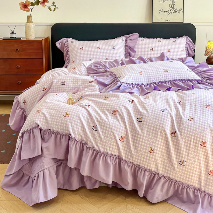 91家纺网 家纺一手货源 找家纺 尚美 2026新款法式复古大花边仿棉床盖四件套 小木马