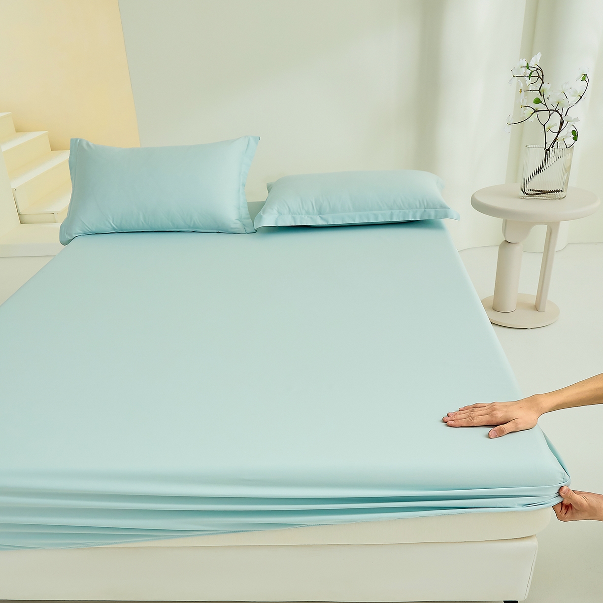 91家纺网 家纺一手货源 找家纺 元元家居（元元被业） 2026新款全棉纯棉13372套件及单品【纯色款】-单床笠床笠单件 天梦蓝