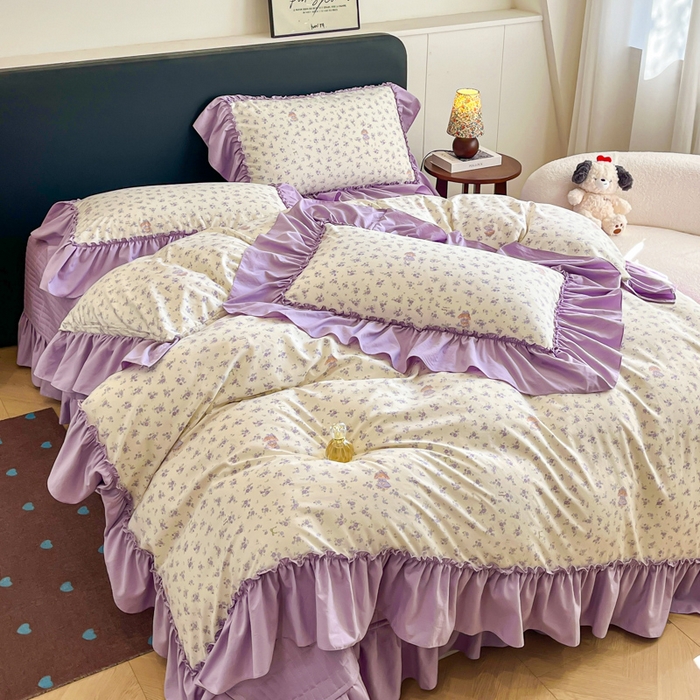 91家纺网 家纺一手货源 找家纺 尚美 2026新款法式复古大花边仿棉床盖四件套 紫荆