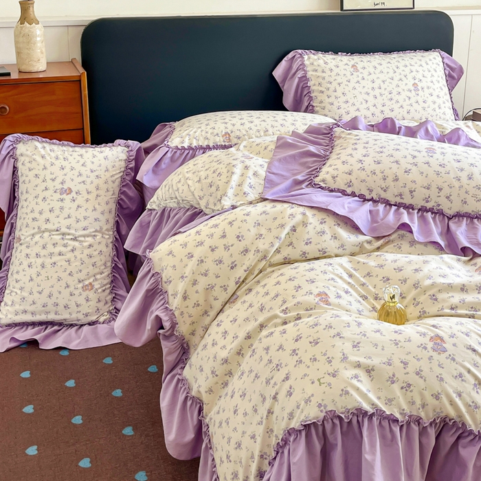 91家纺网 家纺一手货源 找家纺 尚美 2026新款法式复古大花边仿棉床盖四件套 紫荆