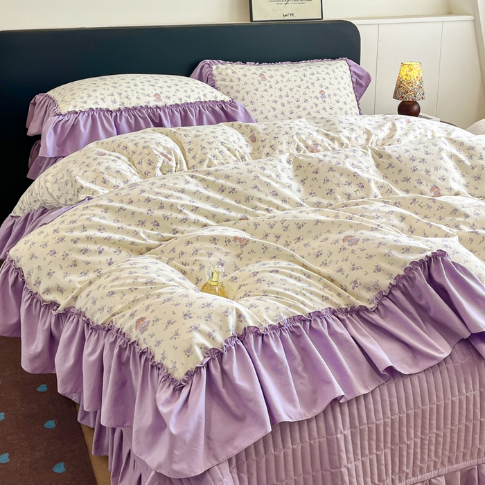 91家纺网 家纺一手货源 找家纺 尚美 2026新款法式复古大花边仿棉床盖四件套 紫荆