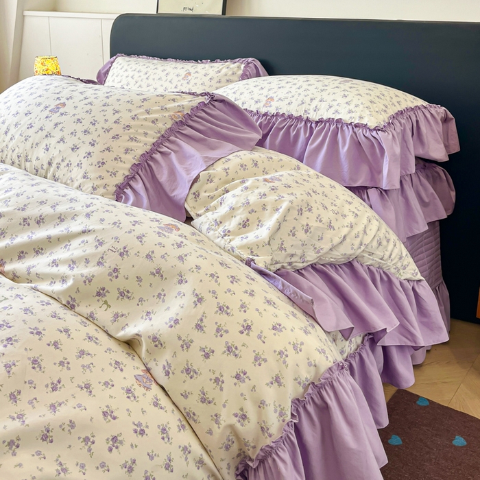 91家纺网 家纺一手货源 找家纺 尚美 2026新款法式复古大花边仿棉床盖四件套 紫荆