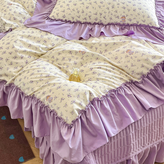91家纺网 家纺一手货源 找家纺 尚美 2026新款法式复古大花边仿棉床盖四件套 紫荆