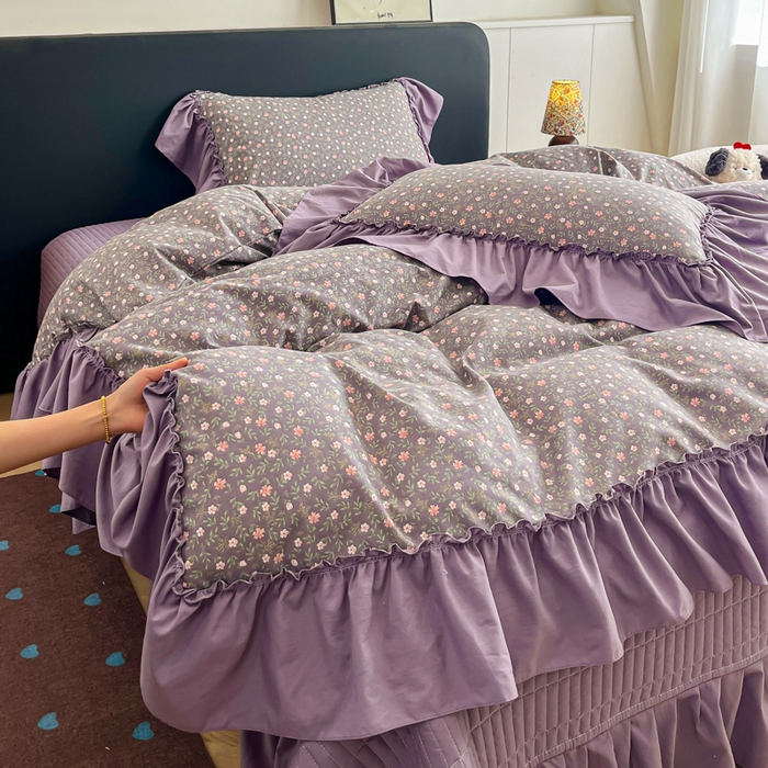 91家纺网 家纺一手货源 找家纺 尚美 2026新款法式复古大花边仿棉床盖四件套 紫苏