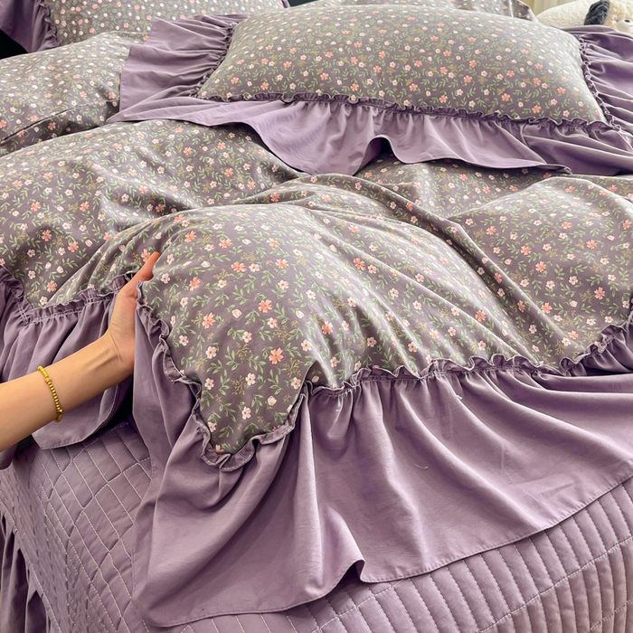 91家纺网 家纺一手货源 找家纺 尚美 2026新款法式复古大花边仿棉床盖四件套 紫苏