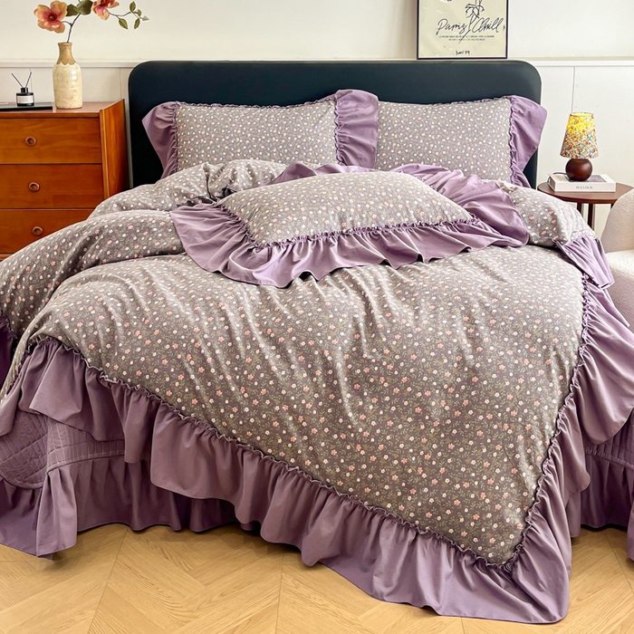 尚美 2026新款法式复古大花边仿棉床盖四件套 紫苏