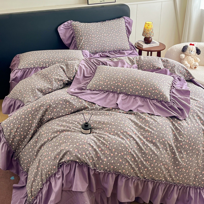 91家纺网 家纺一手货源 找家纺 尚美 2026新款法式复古大花边仿棉床盖四件套 紫苏