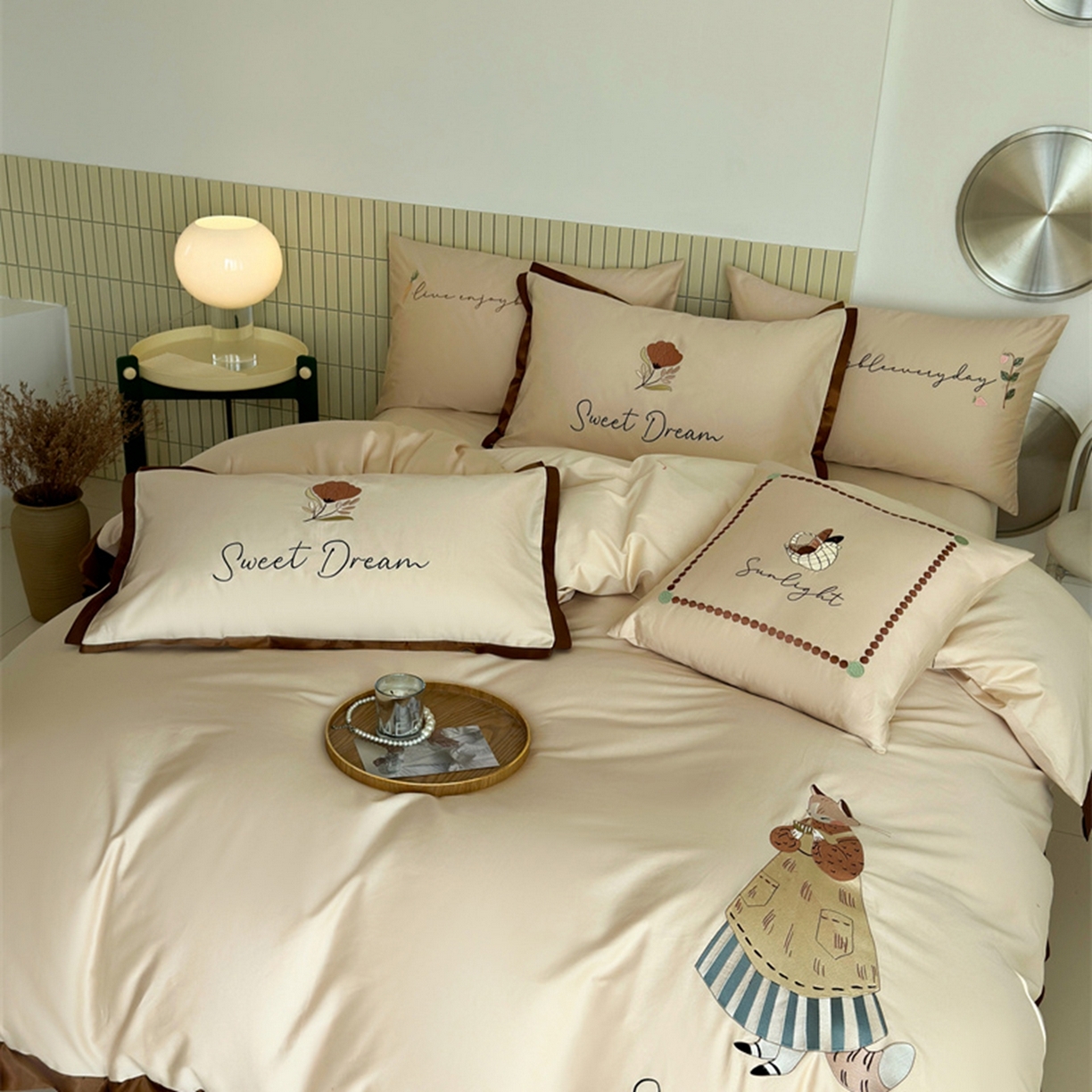 波比可可 2026春夏新款100支50s双股长绒棉纯棉全棉纯棉居家轻奢刺绣四件套 咖啡猫