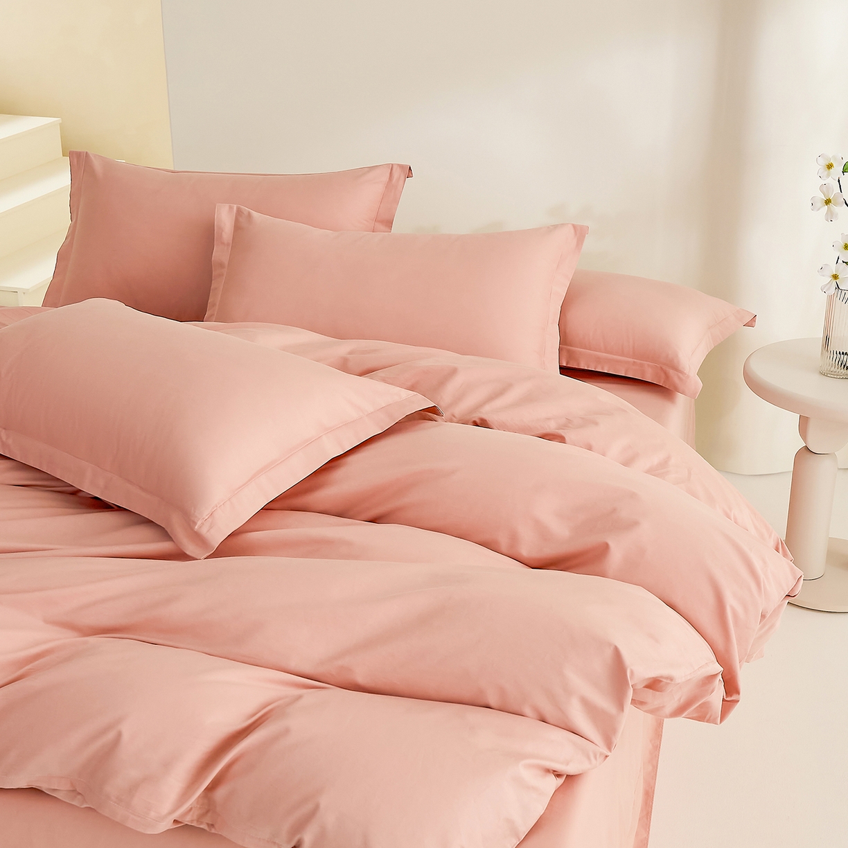 91家纺网 家纺一手货源 找家纺 元元家居（元元被业） 2026新款全棉纯棉13372纯色三件套系列 炫彩粉