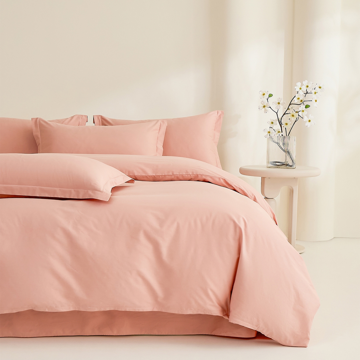 91家纺网 家纺一手货源 找家纺 元元家居（元元被业） 2026新款全棉纯棉13372纯色三件套系列 炫彩粉