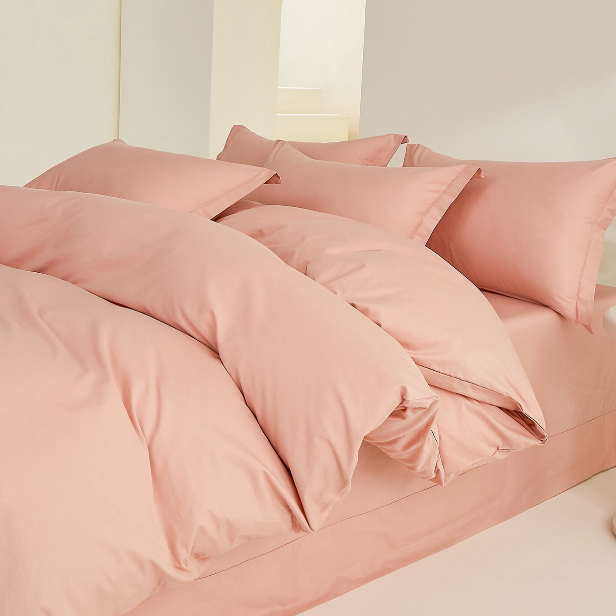 91家纺网 家纺一手货源 找家纺 元元家居（元元被业） 2026新款全棉纯棉13372纯色三件套系列 炫彩粉