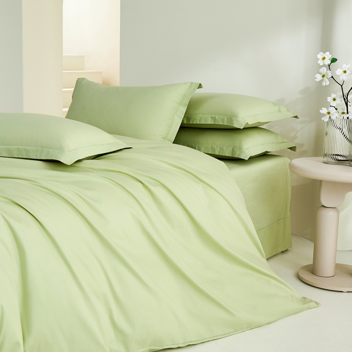 91家纺网 家纺一手货源 找家纺 元元家居（元元被业） 2026新款全棉纯棉13372纯色三件套系列 麦田绿