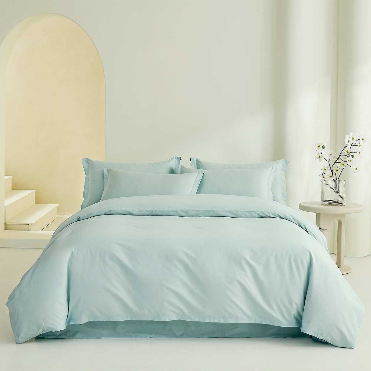 91家纺网 家纺一手货源 找家纺 元元家居（元元被业） 2026新款全棉纯棉13372纯色四件套系列 天梦蓝