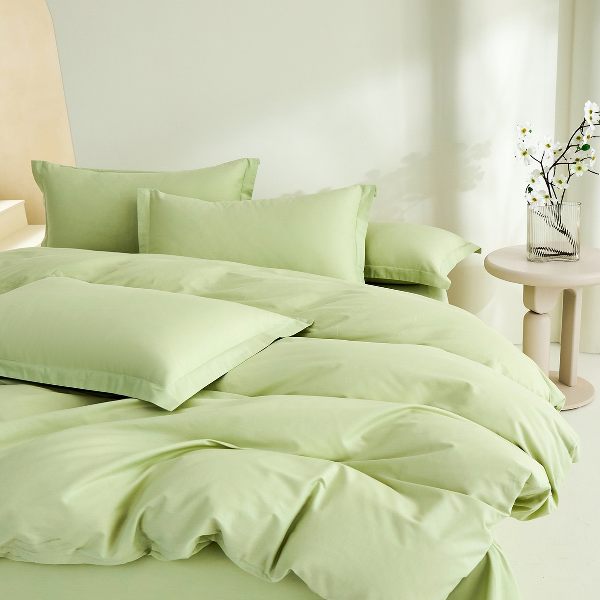 91家纺网 家纺一手货源 找家纺 元元家居（元元被业） 2026新款全棉纯棉13372纯色四件套系列 麦田绿