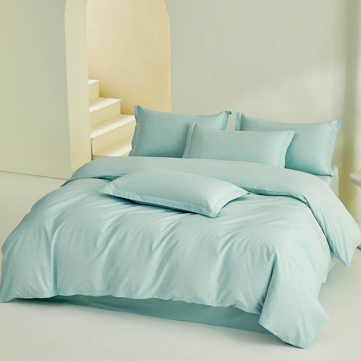 91家纺网 家纺一手货源 找家纺 元元家居（元元被业） 2026新款全棉纯棉13372纯色四件套系列 天梦蓝