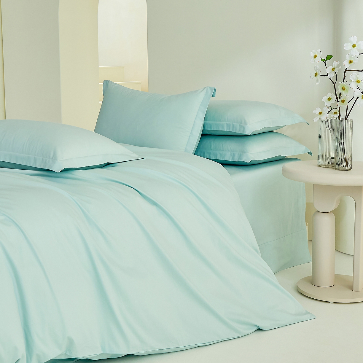 91家纺网 家纺一手货源 找家纺 元元家居（元元被业） 2026新款全棉纯棉13372纯色四件套系列 天梦蓝