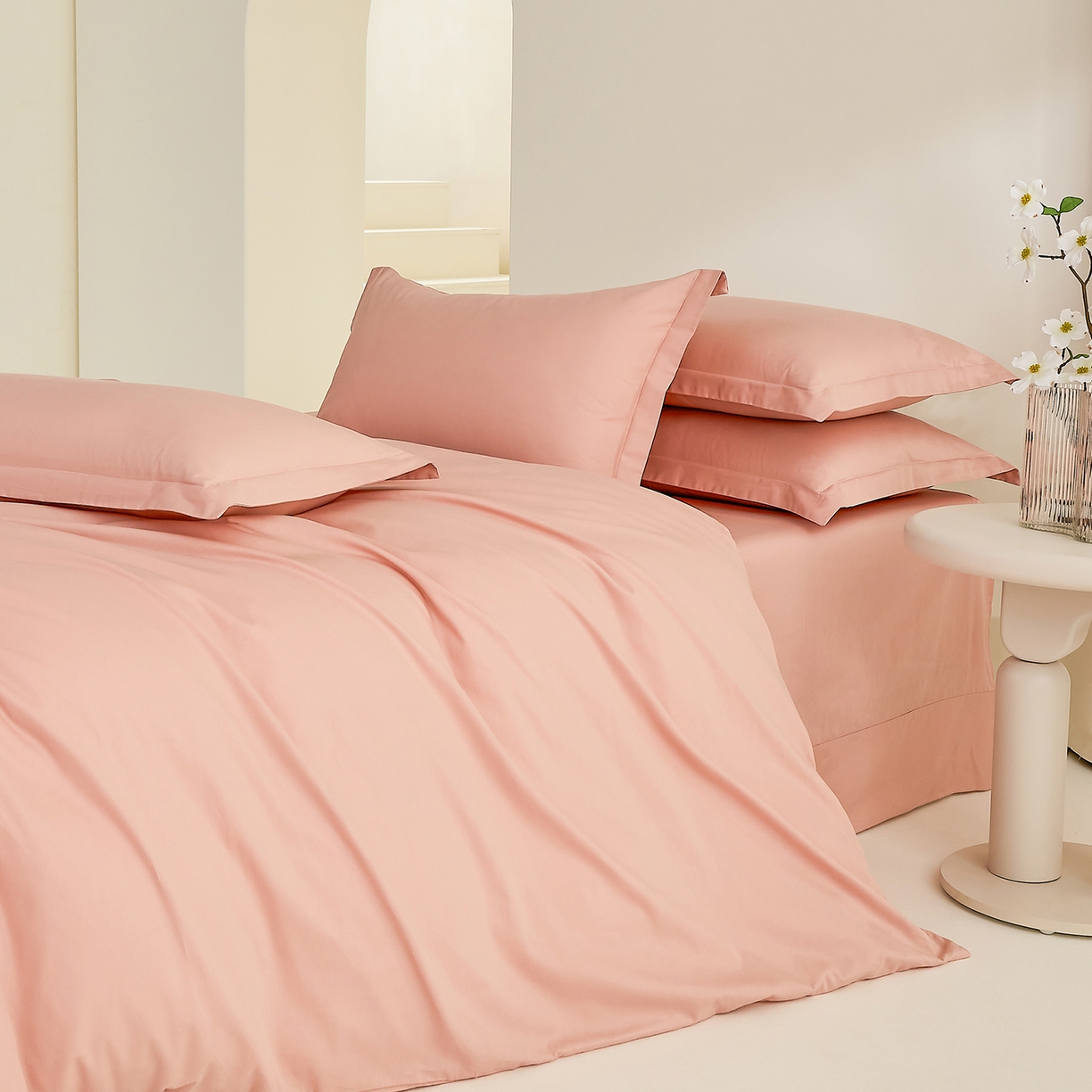 91家纺网 家纺一手货源 找家纺 元元家居（元元被业） 2026新款全棉纯棉13372纯色四件套系列 炫彩粉