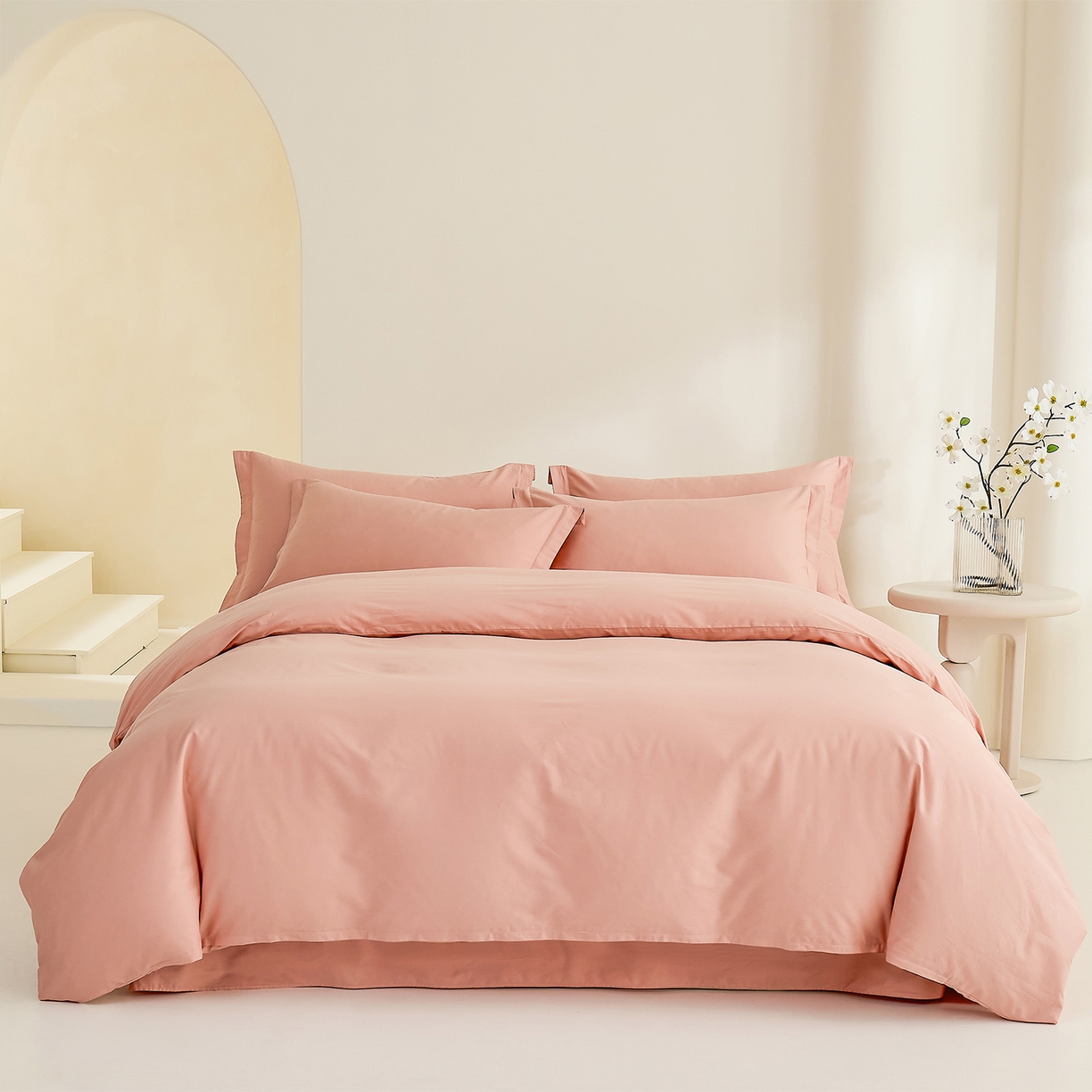 91家纺网 家纺一手货源 找家纺 元元家居（元元被业） 2026新款全棉纯棉13372纯色被套夹棉款四件套系列 炫彩粉