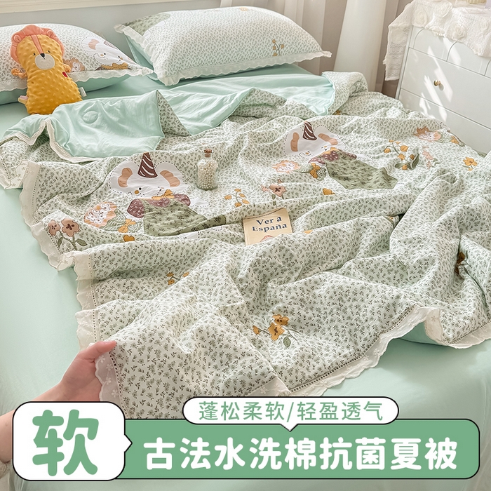 憨豆家纺 2026春夏新款古法仿棉夏被四件套镂空花边大板印花夏凉被空调被（含抗菌纤维） 一束繁花