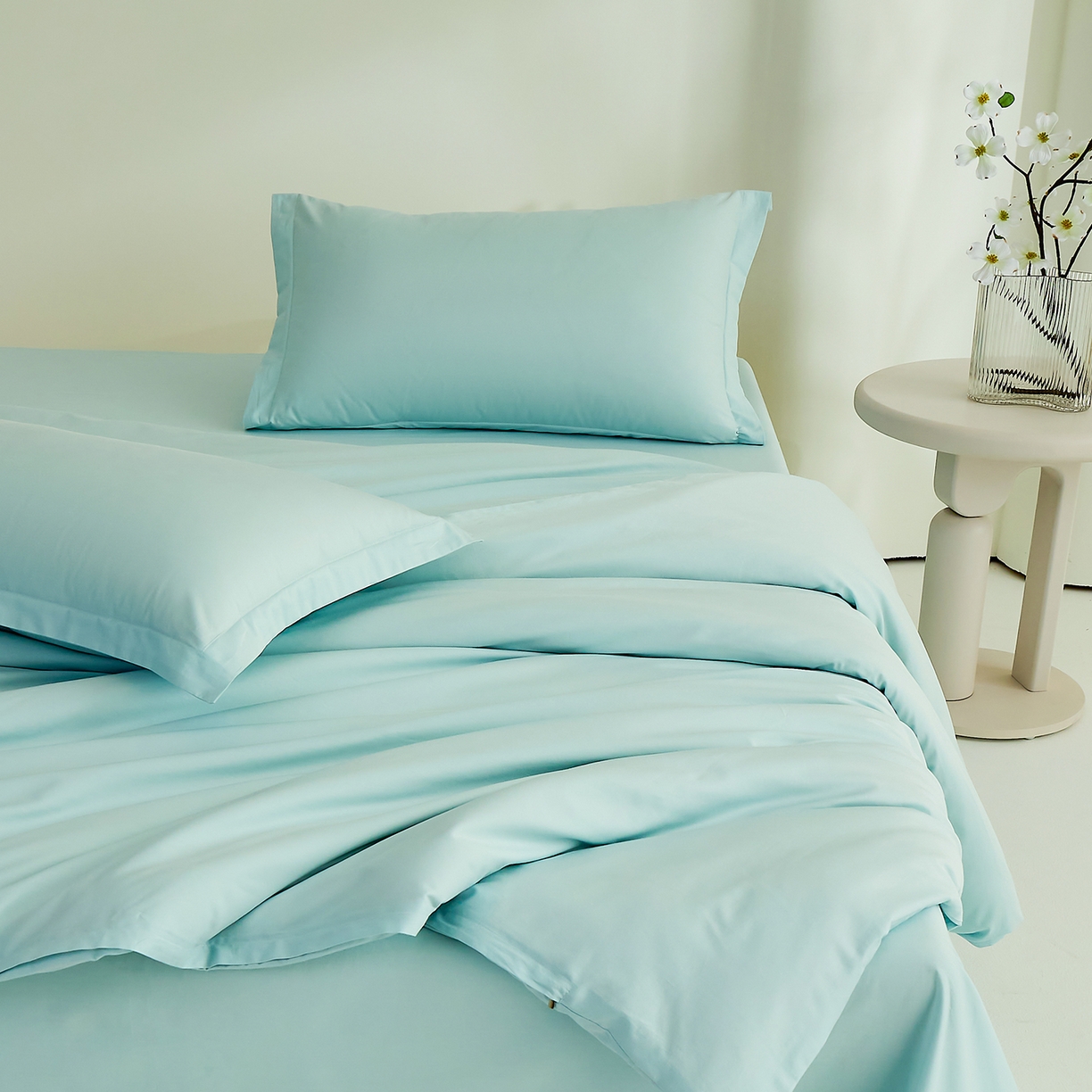 91家纺网 家纺一手货源 找家纺 元元家居（元元被业） 2026新款全棉纯棉13372纯色两用夏被夏凉被空调被四件套 天梦蓝