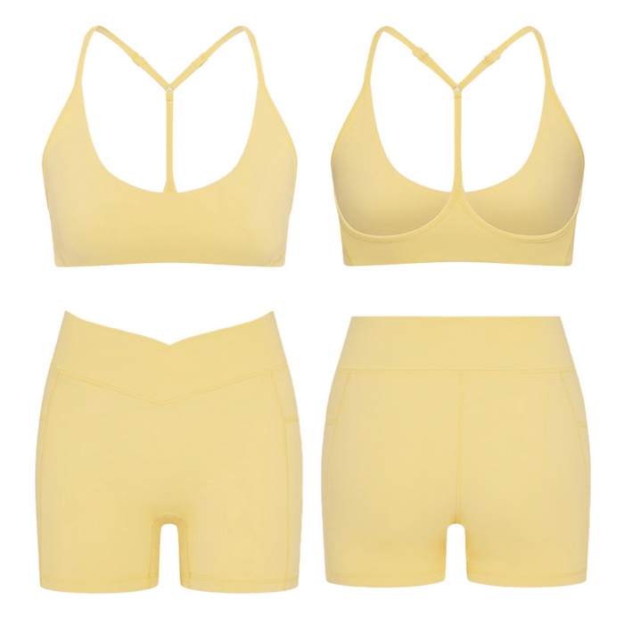 91家纺网 家纺一手货源 找家纺 （总）沐珩家纺 2026新款高弹挂脖运动内衣文胸美背文胸交叉腰健身三分短裤瑜伽服运动套装